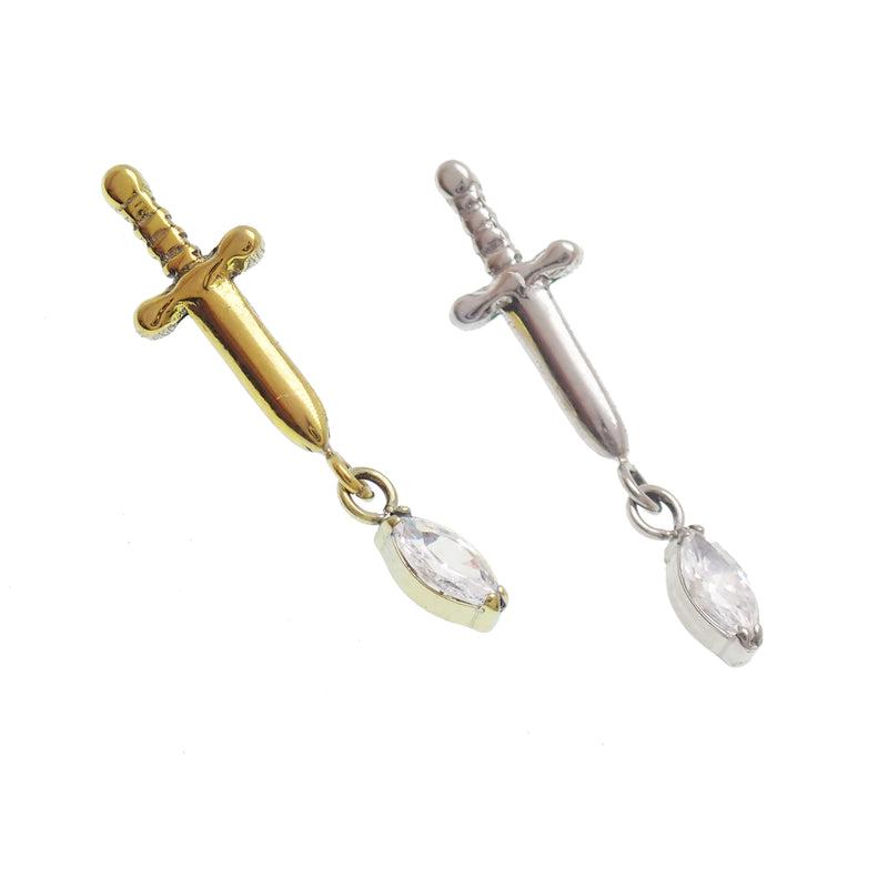 Titanium flatback dagger piercing earrings in 14g, 16g, 18g with 6mm length, by Body Clickers, displayed on a white background.