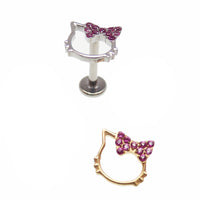 Hello Kitty pink CZ titanium flatback labret piercing earrings in 14g, 16g, and 18g with a cute character design.