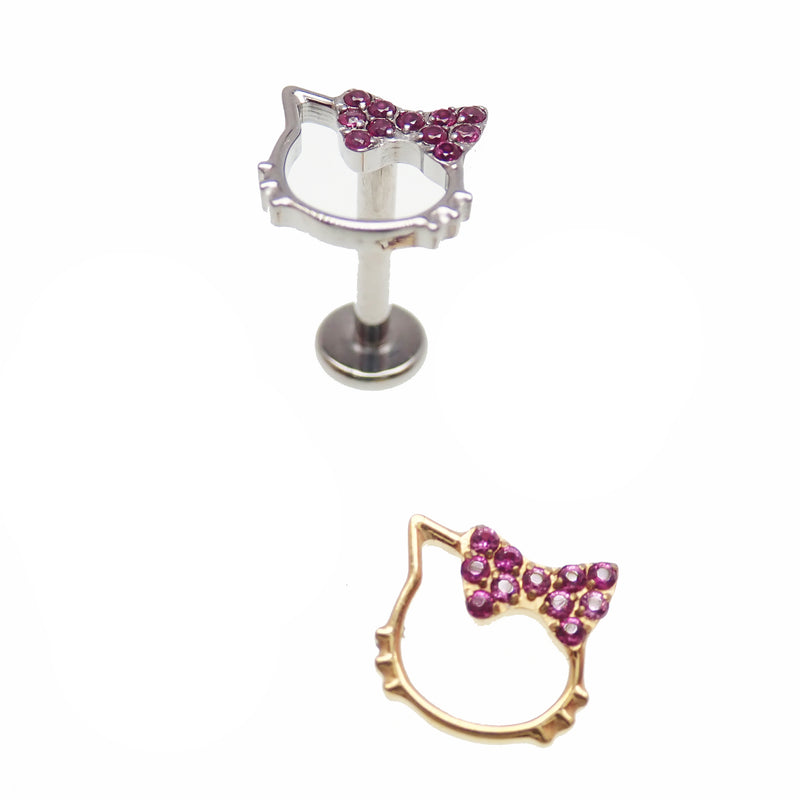 Hello Kitty pink CZ titanium flatback labret piercing earrings in 14g, 16g, and 18g with a cute character design.