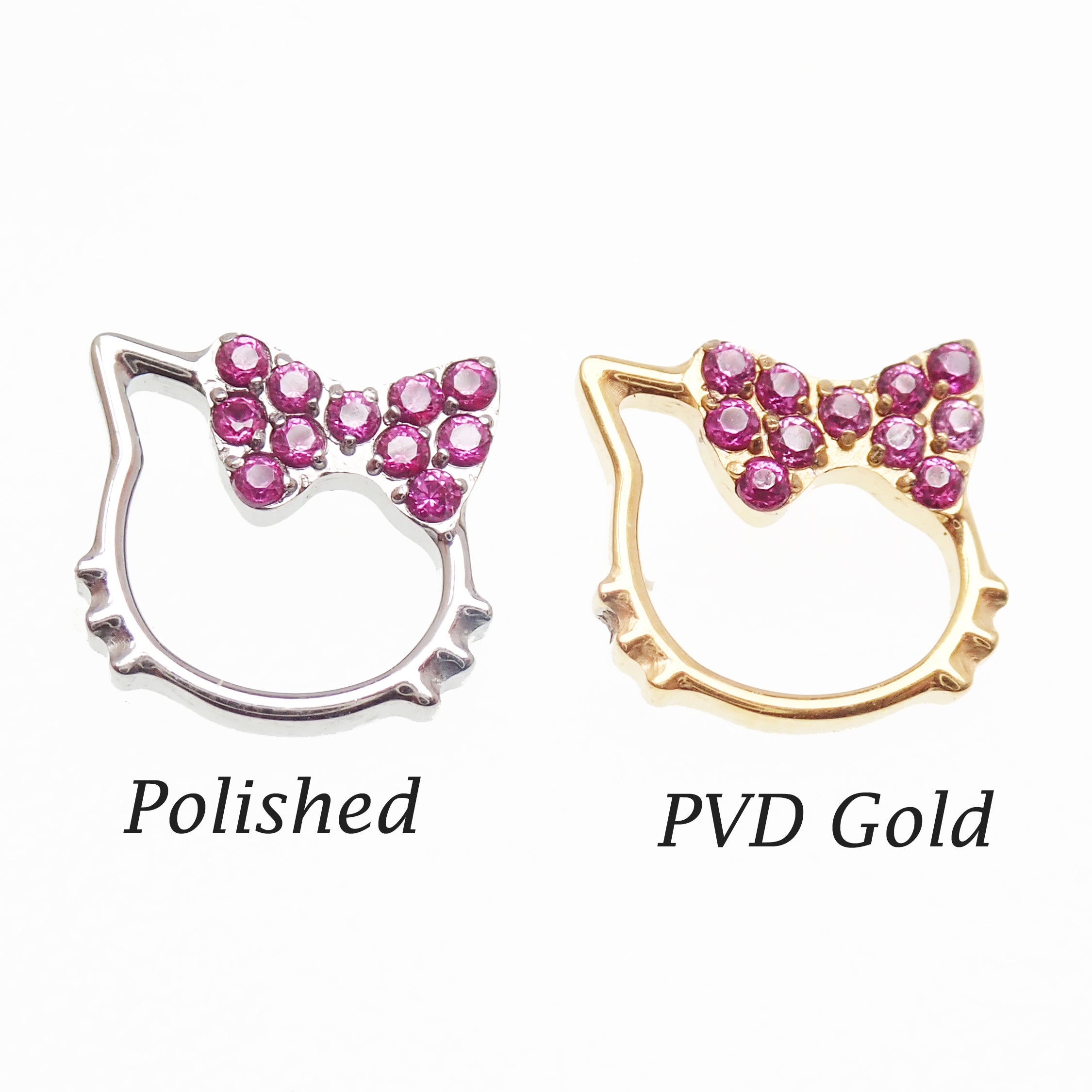 Hello Kitty pink CZ titanium flatback labret piercing earrings in 14g, 16g, and 18g with silver-toned accents.