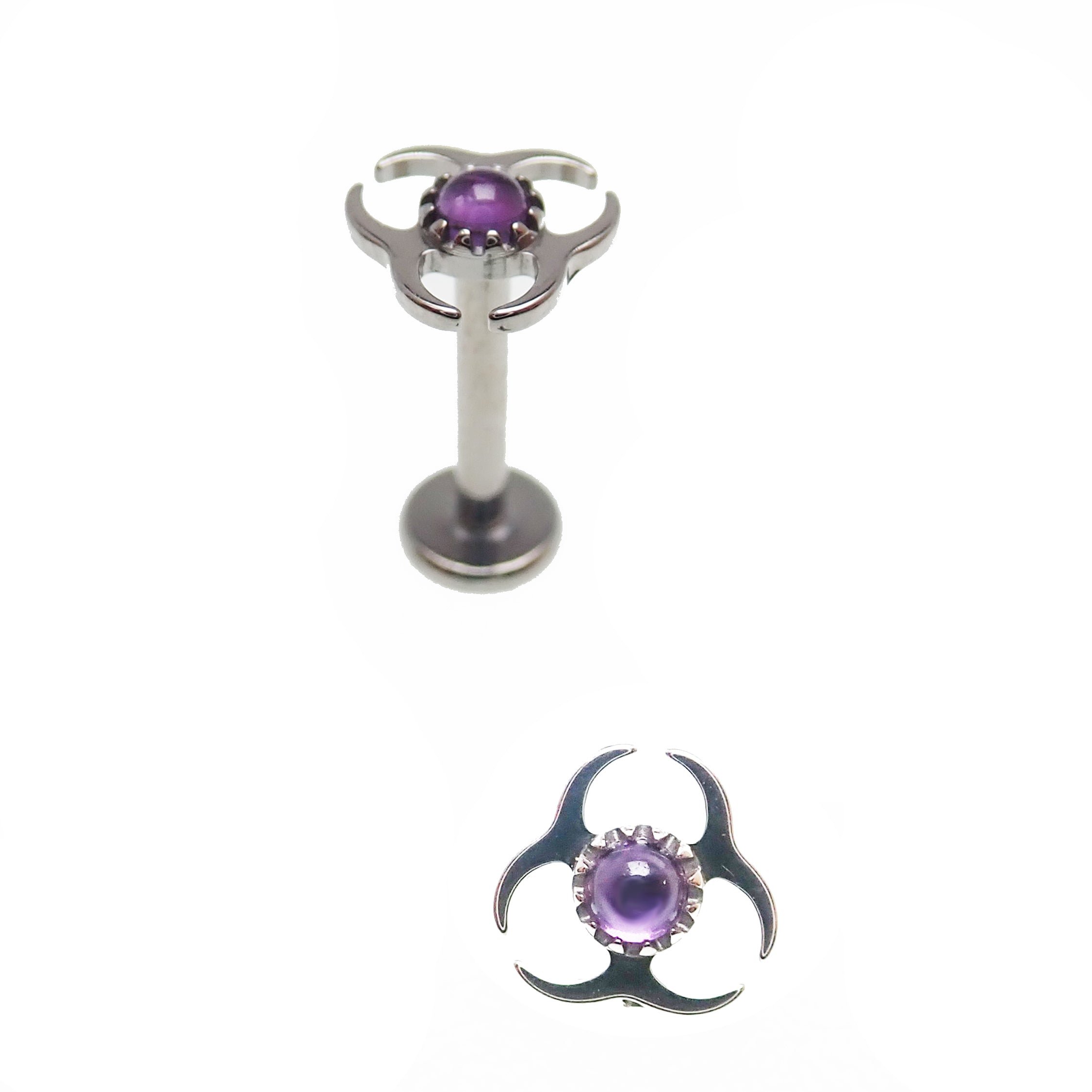 Titanium labret piercing earring with amethyst biohazard symbol, flatback design in 14g, 16g, and 18g gauges.