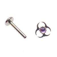 Titanium labret piercing earrings with amethyst biohazard symbol, flatback design, available in 14g, 16g, and 18g sizes.