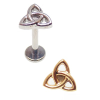 Titanium Celtic knot labret piercing earrings in 14g, 16g, 18g with flatback design, by Body Clickers.