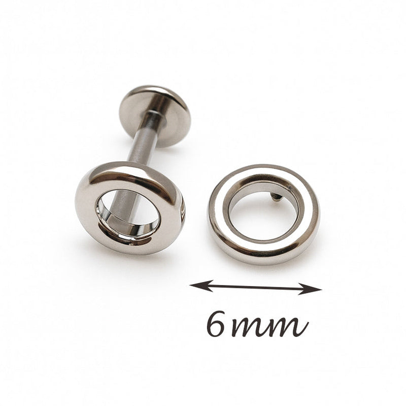 Body Clickers implant titanium circle flatback earrings, 14g, 16g, 18g, with internally threaded design and 6mm size.