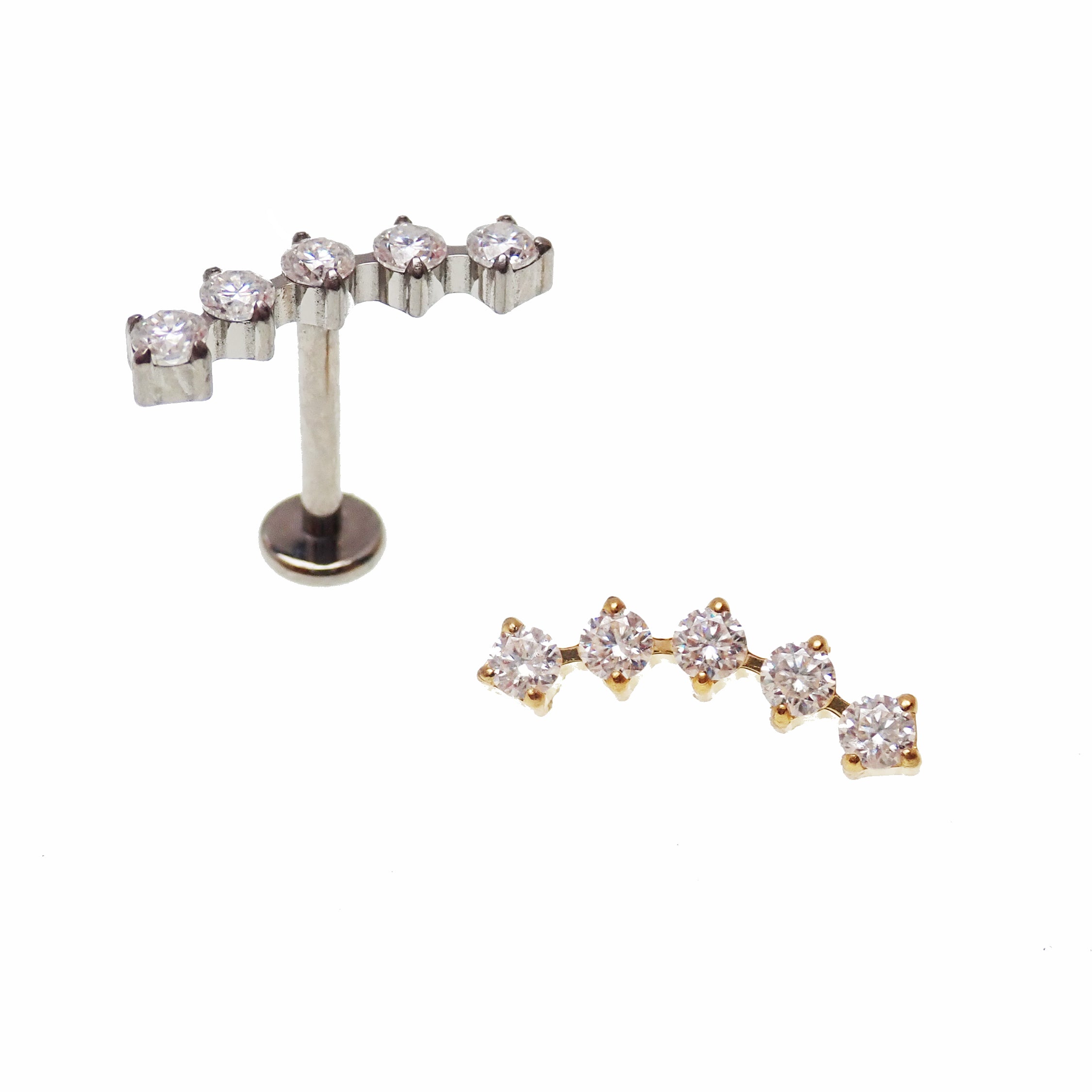 Body Clickers implant titanium curved labret earrings with cubic zirconia flatback in 14g, 16g, and 18g sizes.