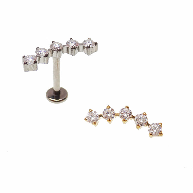 Body Clickers implant titanium curved labret earrings with cubic zirconia flatback in 14g, 16g, and 18g sizes.