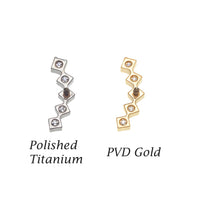 Body Clickers titanium curved labret earrings with cubic zirconia flatback in 14g, 16g, and 18g sizes.