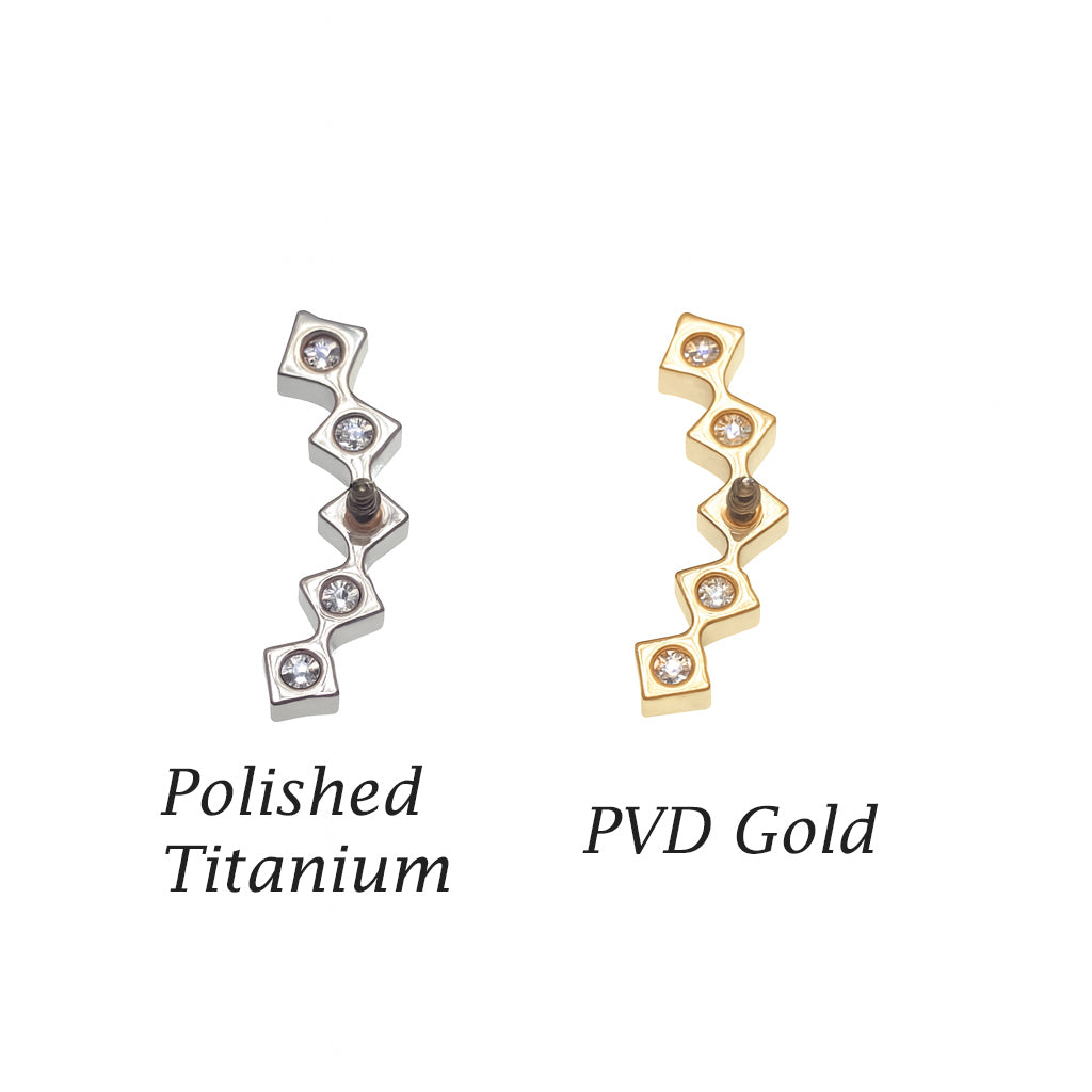 Body Clickers titanium curved labret earrings with cubic zirconia flatback in 14g, 16g, and 18g sizes.