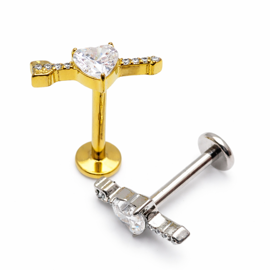 Titanium CZ arrow through heart flatback labret piercing earring by Body Clickers, 18g, 6mm, for body jewelry.
