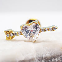 Titanium CZ arrow through a heart labret piercing earring by Body Clickers, 18G flatback jewelry for emotional expression.