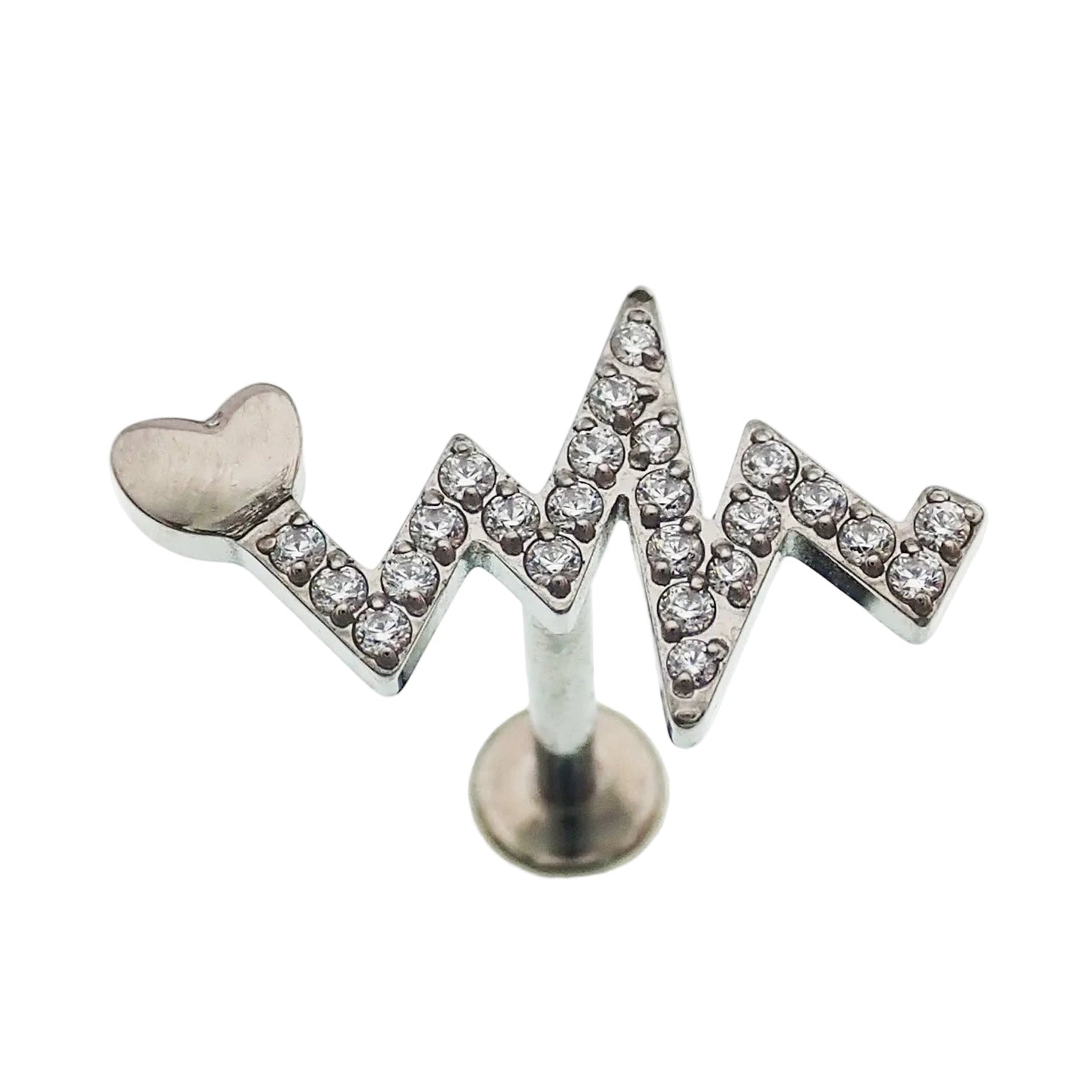 Titanium heartbeat flatback internally threaded labret piercing earrings in 14g, 16g, and 18g from Body Clickers.