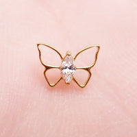 Gold titanium butterfly CZ earring with flatback, internally threaded, available in 14g, 16g, and 18g sizes for piercing.
