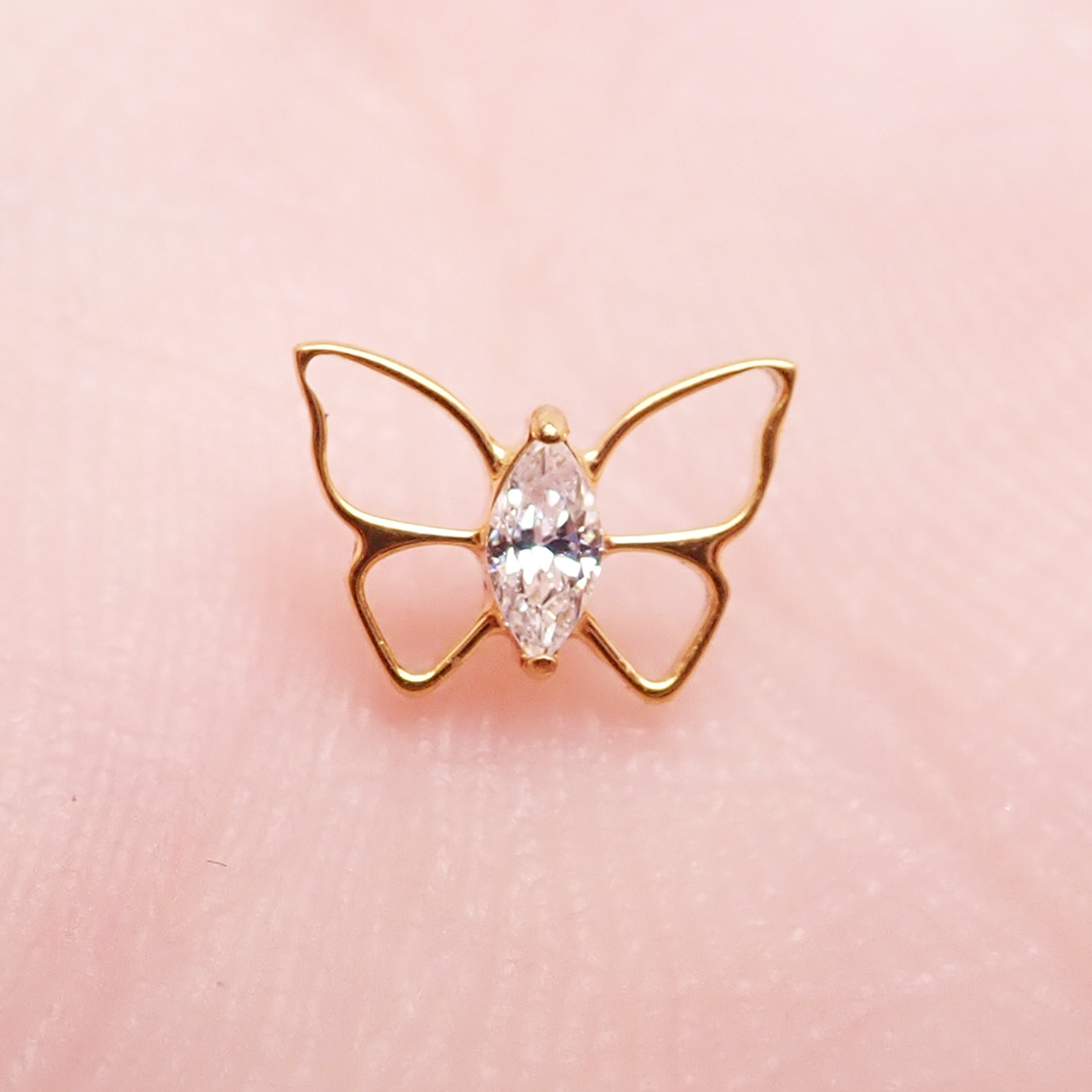 Gold titanium butterfly CZ earring with flatback, internally threaded, available in 14g, 16g, and 18g sizes for piercing.