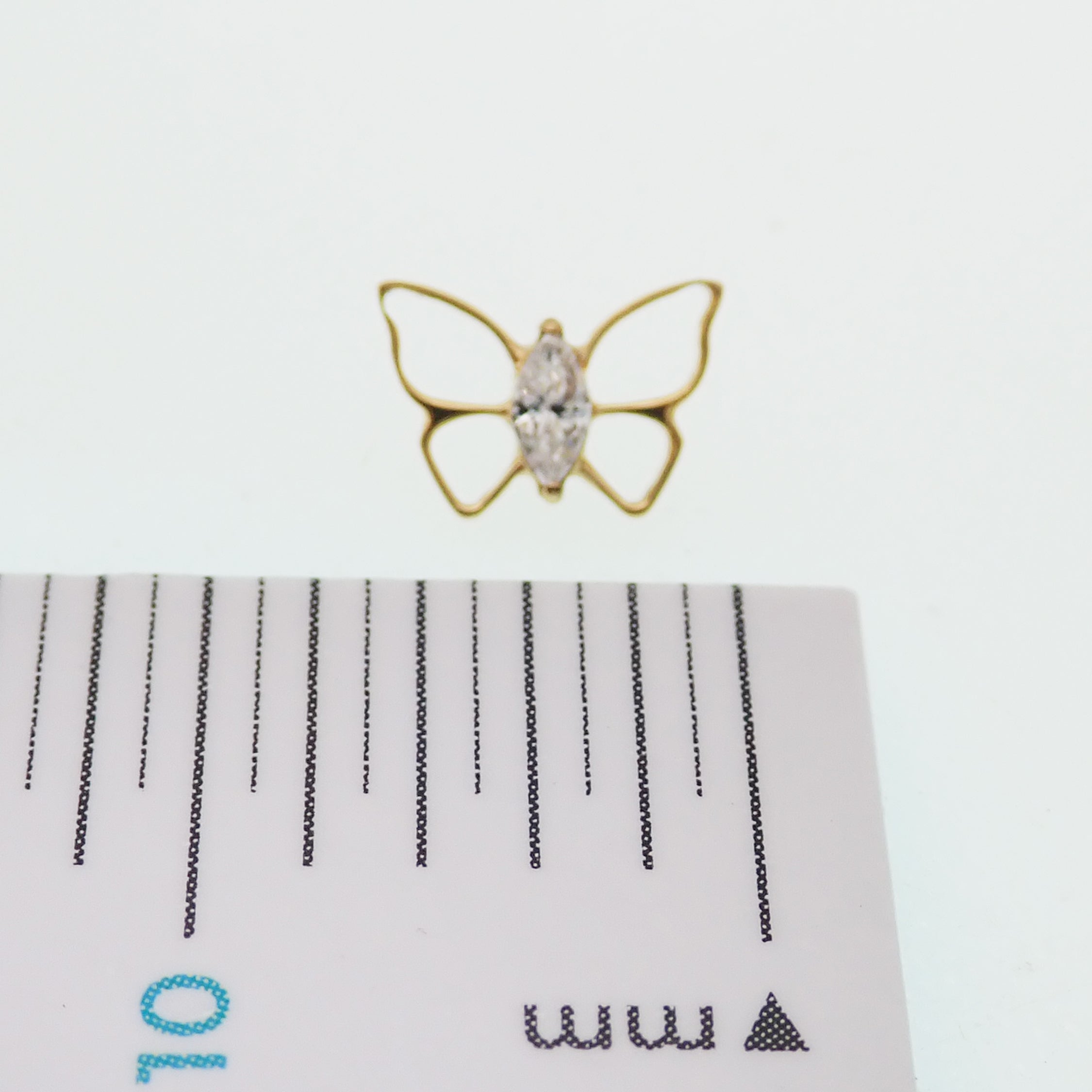 Gold PVD titanium butterfly CZ center flatback piercing earrings by Body Clickers in 14g, 16g, and 18g, internally threaded.