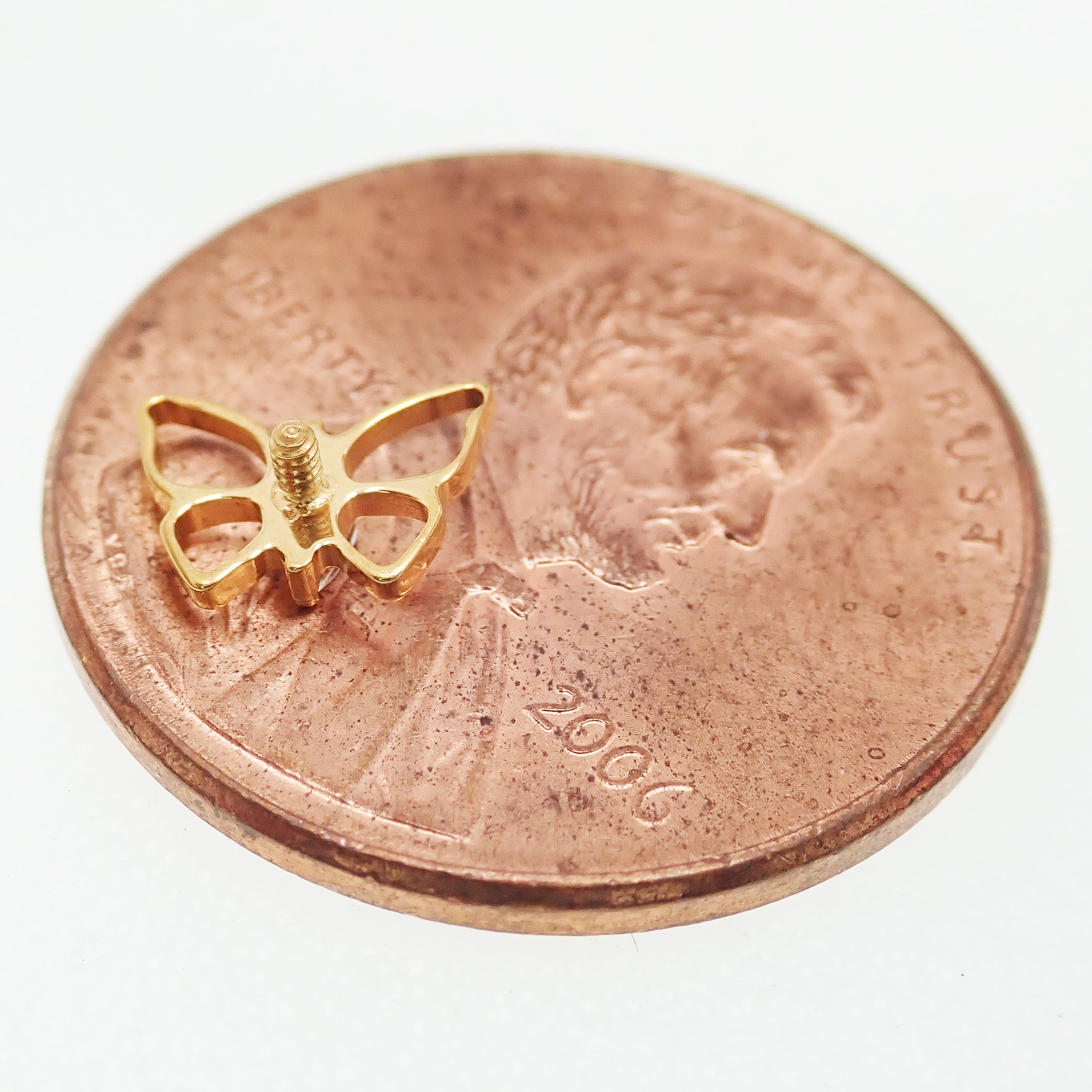 Implant titanium PVD gold butterfly CZ center flatback earrings in 14g, 16g, and 18g with internally threaded design.