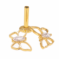 Implant titanium PVD gold butterfly CZ center flatback piercing earrings in 14g, 16g, and 18g with internal threading by Body Clickers.