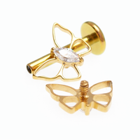 Gold PVD butterfly CZ implant earrings by Body Clickers, flatback, internally threaded, available in 14g, 16g, and 18g sizes.