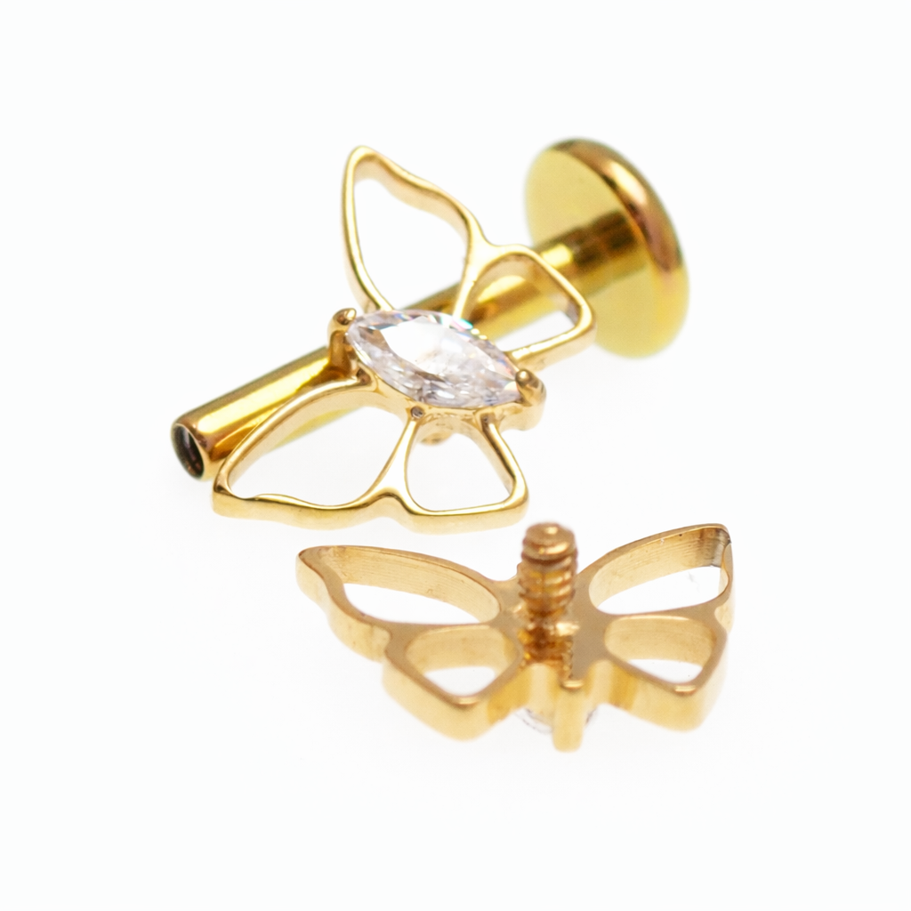 Gold PVD butterfly CZ implant earrings by Body Clickers, flatback, internally threaded, available in 14g, 16g, and 18g sizes.