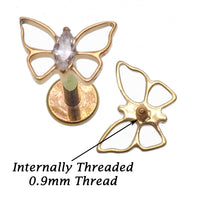 Gold titanium butterfly CZ center flatback piercing earrings by Body Clickers in 14g, 16g, and 18g with internal threading