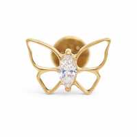 Gold PVD butterfly CZ implant earrings by Body Clickers, internally threaded titanium jewelry in 14g, 16g, and 18g sizes.