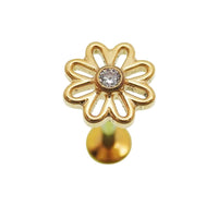 Gold flower implant titanium labret piercing earrings with CZ stone, available in 14g, 16g, and 18g sizes