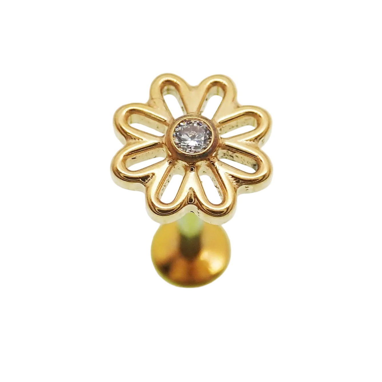 Gold flower implant titanium labret piercing earrings with CZ stone, available in 14g, 16g, and 18g sizes