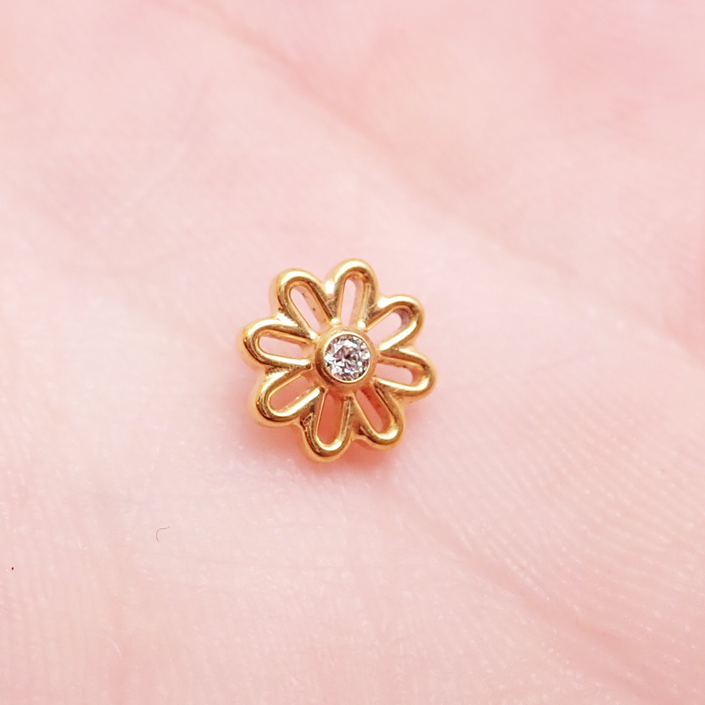 Titanium PVD Gold Flower Earring with CZ Stone, flatback labret piercing in 14g, 16g, and 18g from Body Clickers