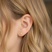 Gold flower implant titanium labret piercing with CZ stone in 14g, 16g, 18g sizes, Body Clickers earring with flatback design.