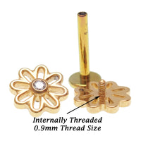 Titanium PVD gold flower labret piercing with CZ stone, available in 14g, 16g, 18g, Body Clickers earrings.