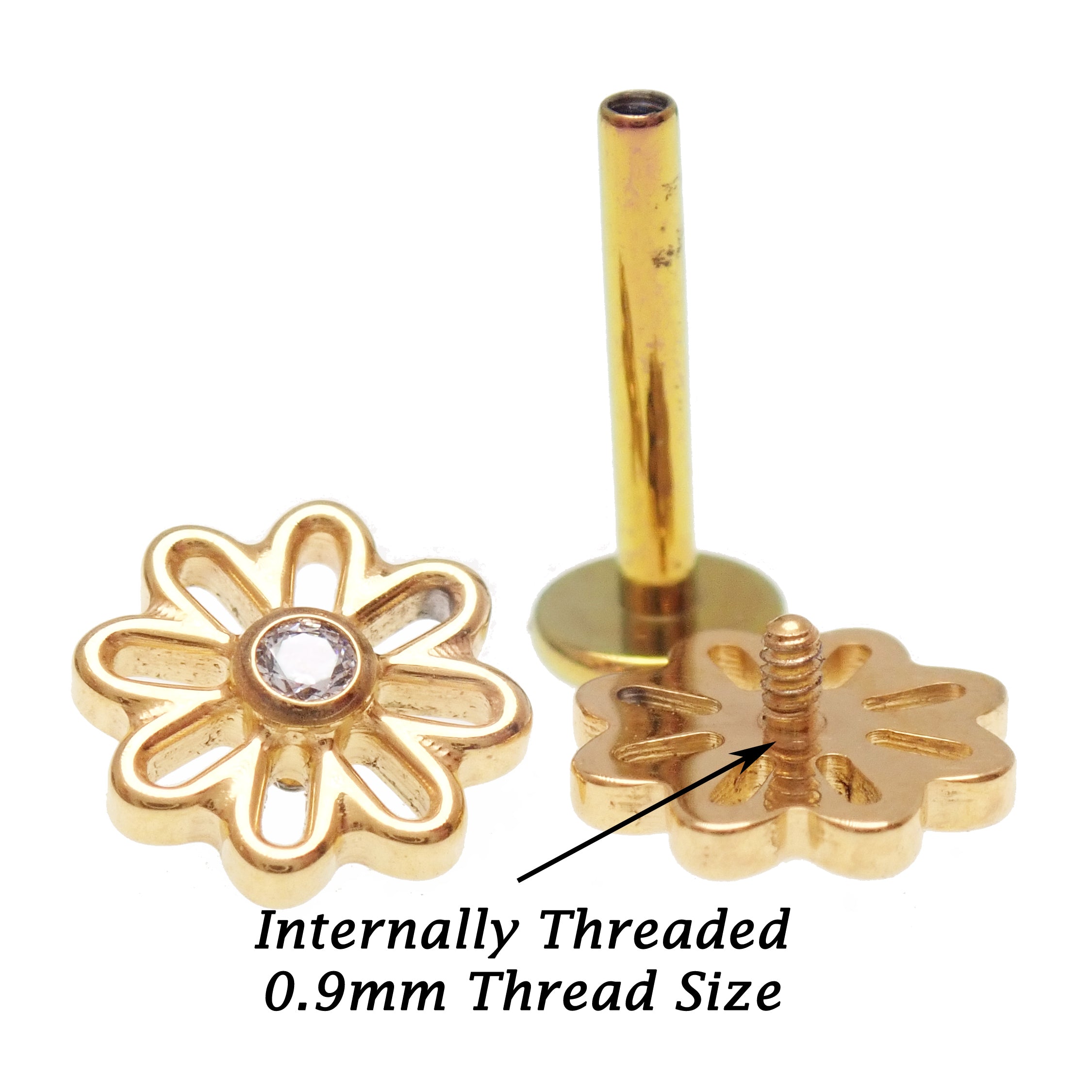 Titanium PVD gold flower labret piercing with CZ stone, available in 14g, 16g, 18g, Body Clickers earrings.