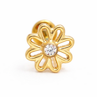 Gold PVD titanium flower earring with CZ stone, labret style, suitable for 14g to 18g piercings, Body Clickers brand.