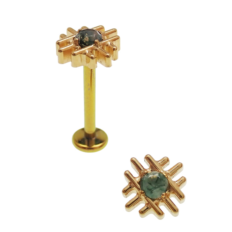 Implant titanium PVD gold geometric moss agate flatback piercing earrings in 18g, 16g, 14g with internal threading by Body Clickers