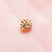 Gold PVD geometric Moss Agate implant titanium flatback earrings, internally threaded body piercing in 14g, 16g, and 18g.
