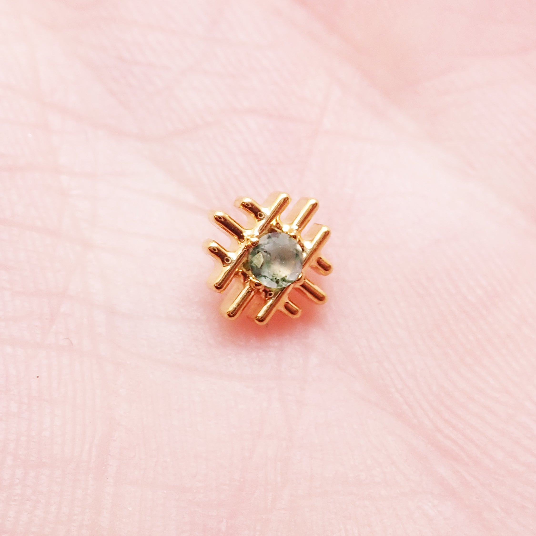 Gold PVD geometric Moss Agate implant titanium flatback earrings, internally threaded body piercing in 14g, 16g, and 18g.