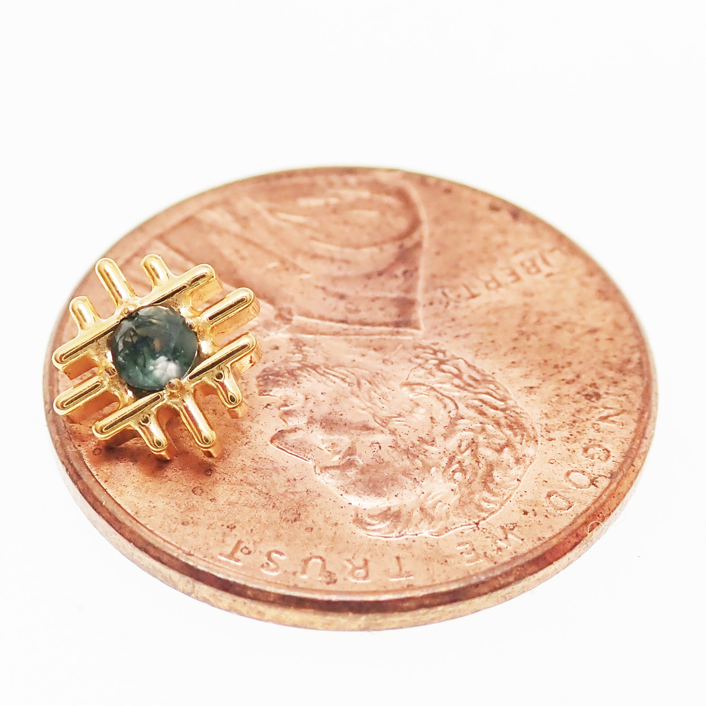 Implant titanium PVD gold geometric Moss Agate flatback piercing earrings in 14g, 16g, and 18g with internally threaded design.