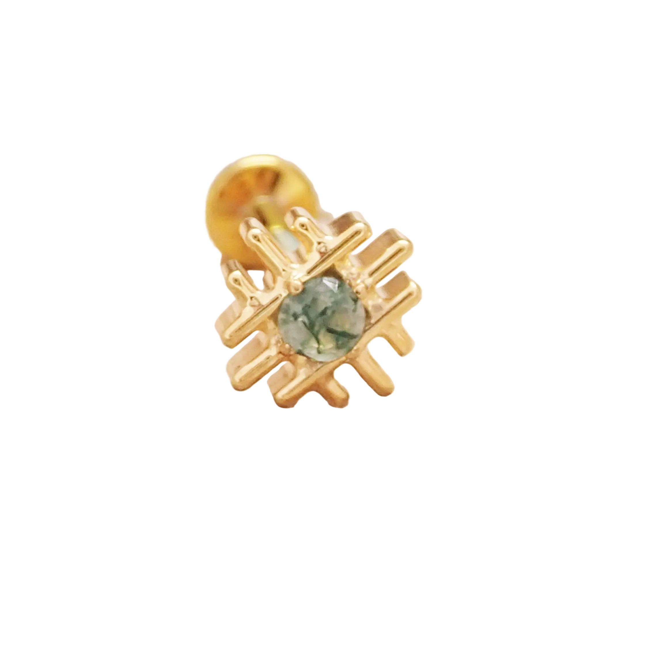 Implant titanium PVD gold geometric moss agate flatback piercing earrings in 18g, 16g, and 14g with internally threaded design.