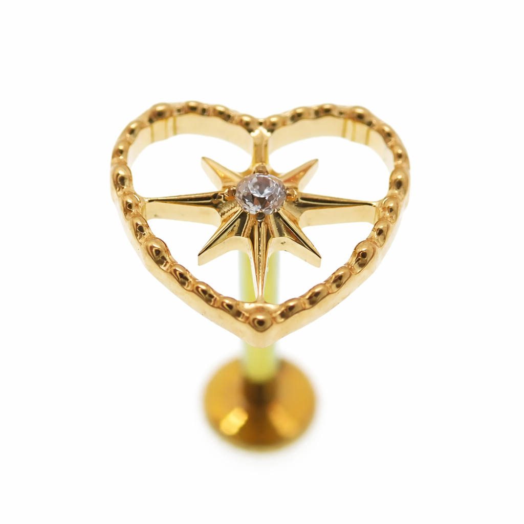 Gold PVD Heart and Starburst Center Implant Titanium Ear Piercing, flatback, internally threaded, available in 14g, 16g, 18g sizes.