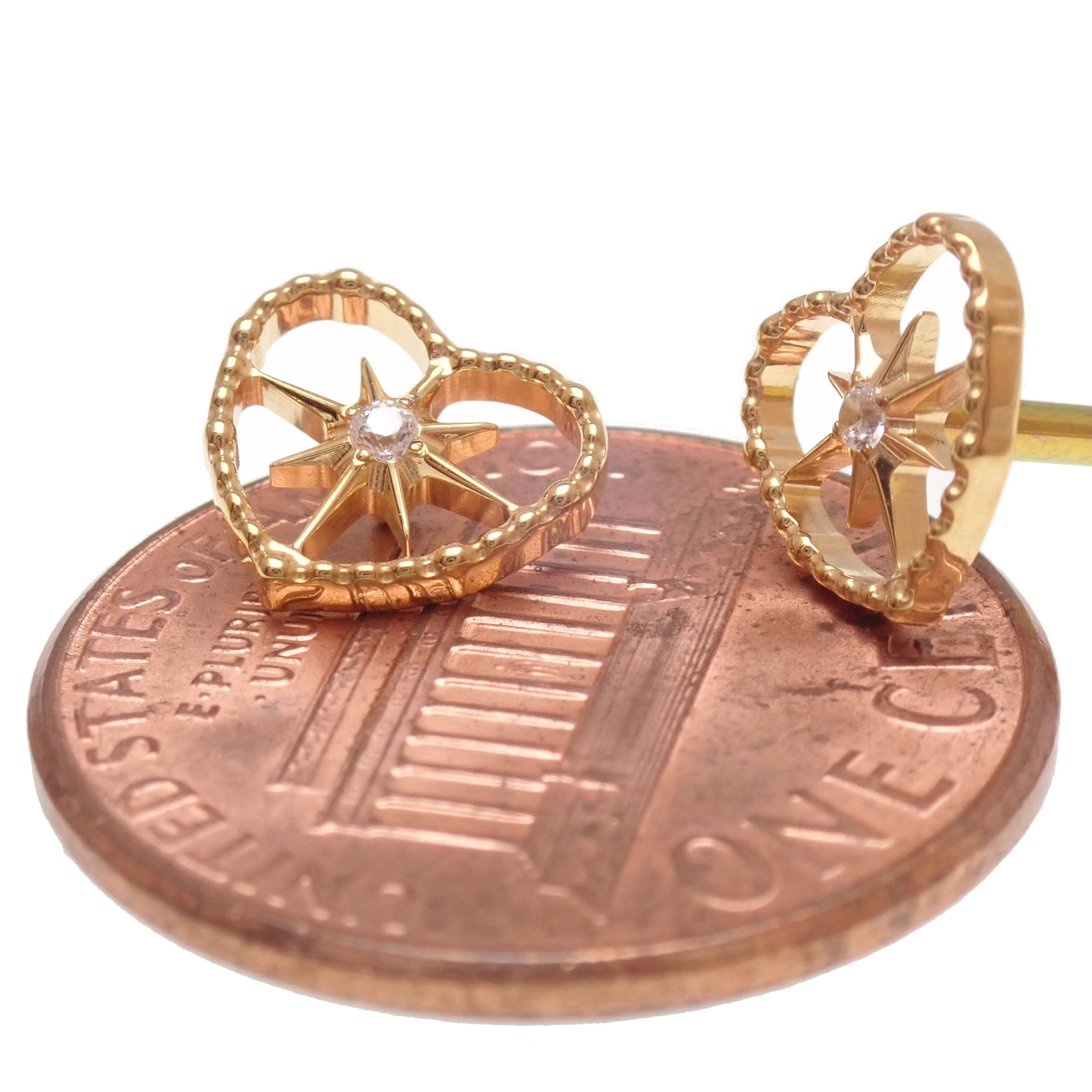Gold PVD Heart Starburst Implant Titanium Flatback Piercing earrings, internally threaded, available in 14g, 16g, and 18g sizes.