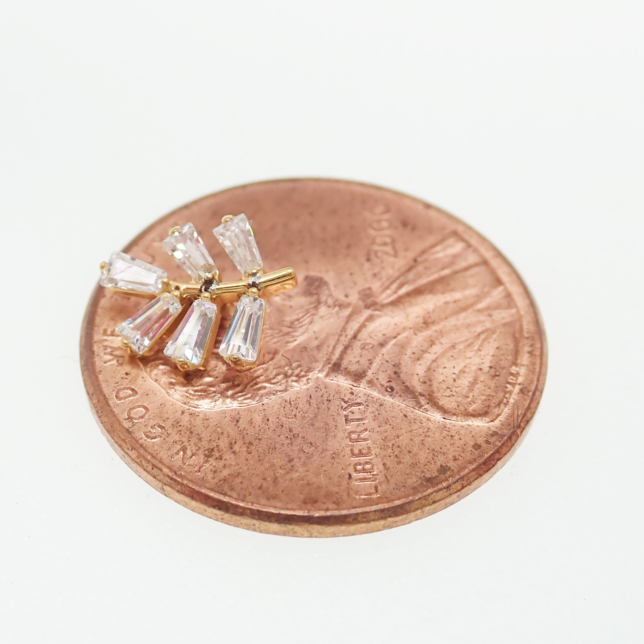 Body Clickers implant titanium PVD vine earrings with CZ stones, flatback labret piercing in 14g, 16g, and 18g gauges.