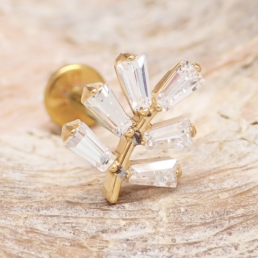 Body Clickers implant titanium PVD vine earrings with CZ stones, flatback labret piercing in 14g, 16g, and 18g sizes.