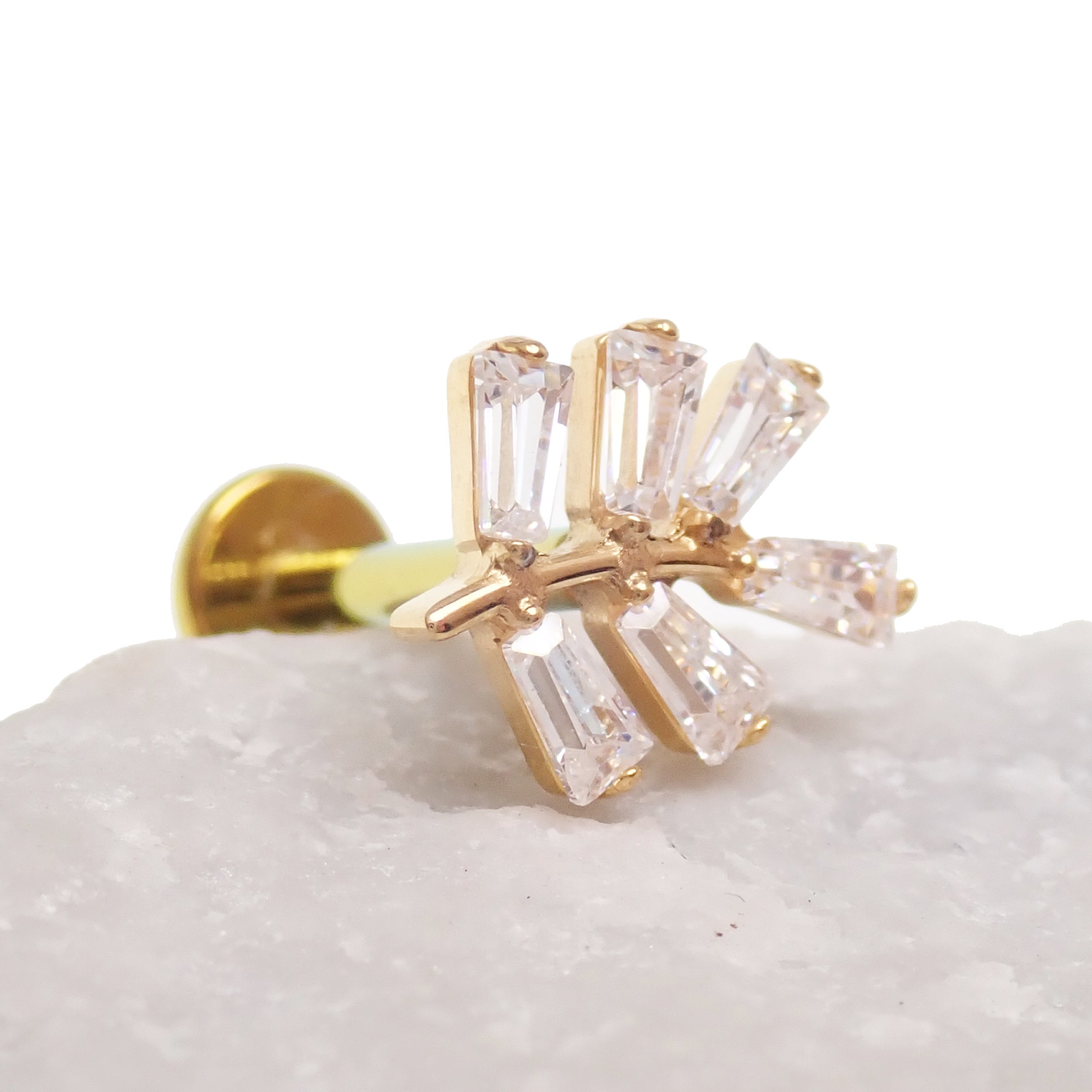 Titanium PVD vine labret piercing earrings with CZ stones, available in 14g, 16g, and 18g, featuring flatback design.
