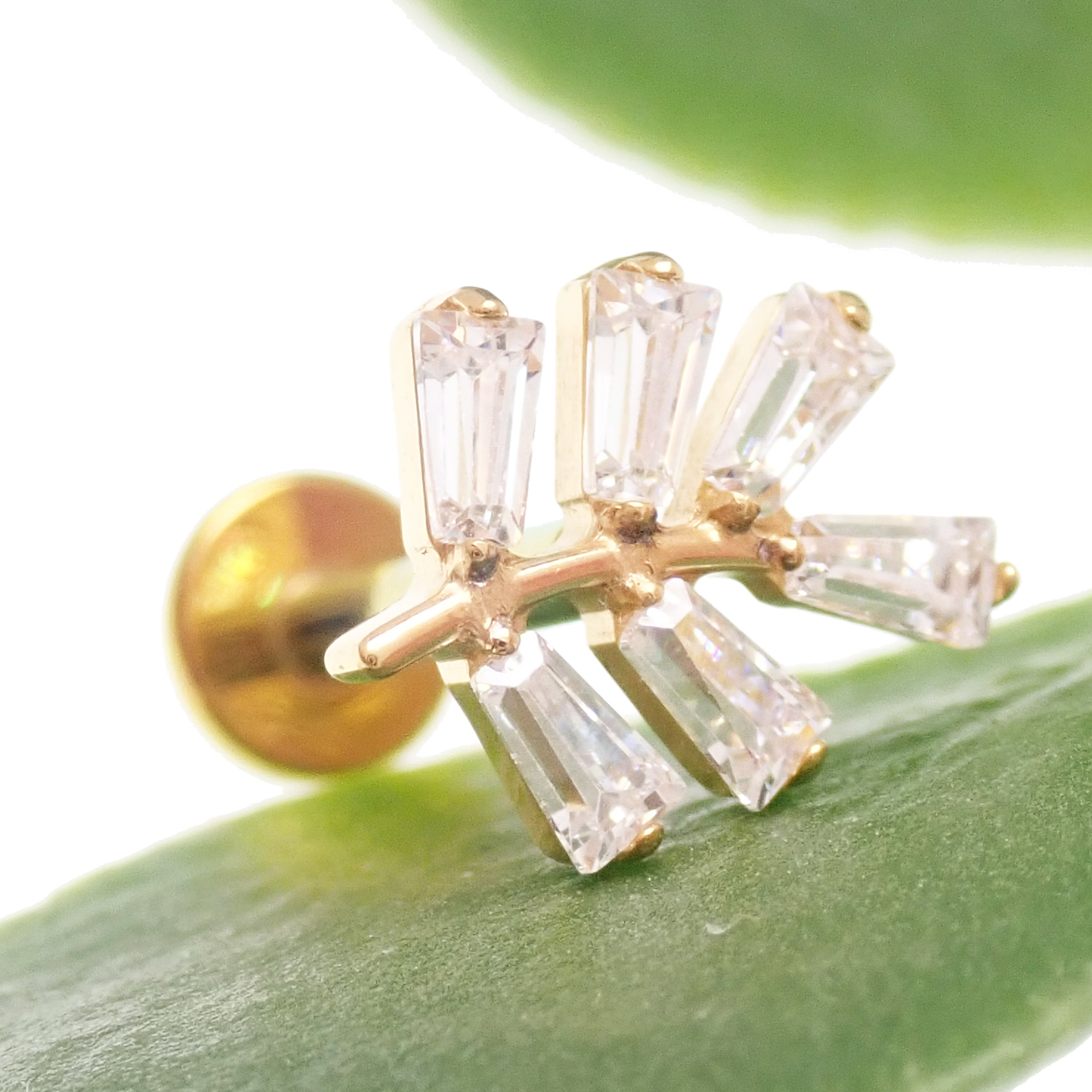 Body Clickers implant titanium PVD vine earrings with CZ stones, flatback labret piercing in 14g, 16g, and 18g sizes.