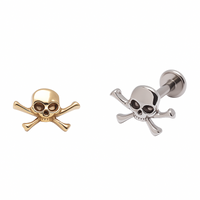 Body Clickers titanium skull and crossbones flatback piercing earrings, 14g-18g, internally threaded, suitable for ear piercing.