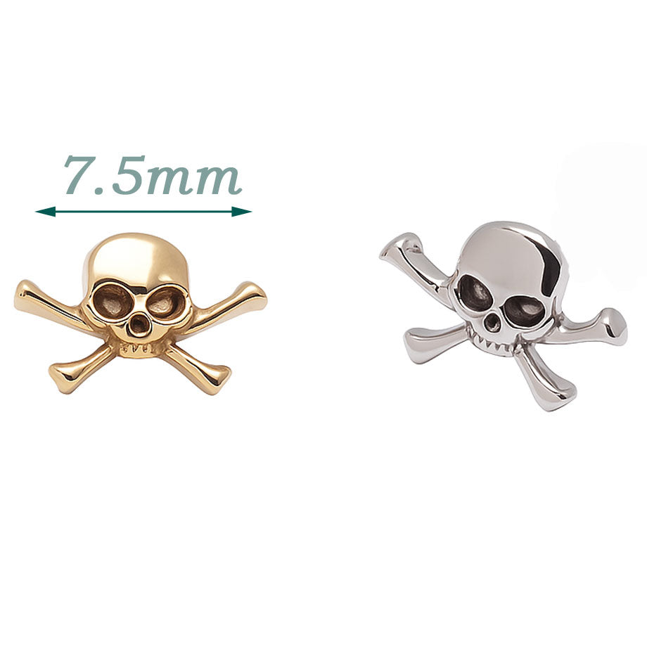 Titanium skull and crossbones flatback piercing earrings by Body Clickers, internally threaded in 14g, 16g, and 18g sizes.