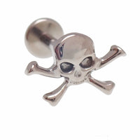 Titanium skull and crossbones flatback piercing earrings in 14g, 16g, and 18g with internal threading, by Body Clickers.