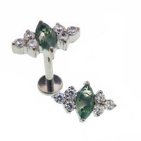 Moss agate and CZ implant titanium earrings, internally threaded flatback piercing in 14g, 16g, and 18g sizes.