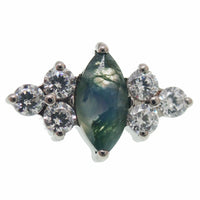 Moss agate and CZ implant titanium earrings, 18g, 16g, 14g, internally threaded flatback piercing for body jewelry.
