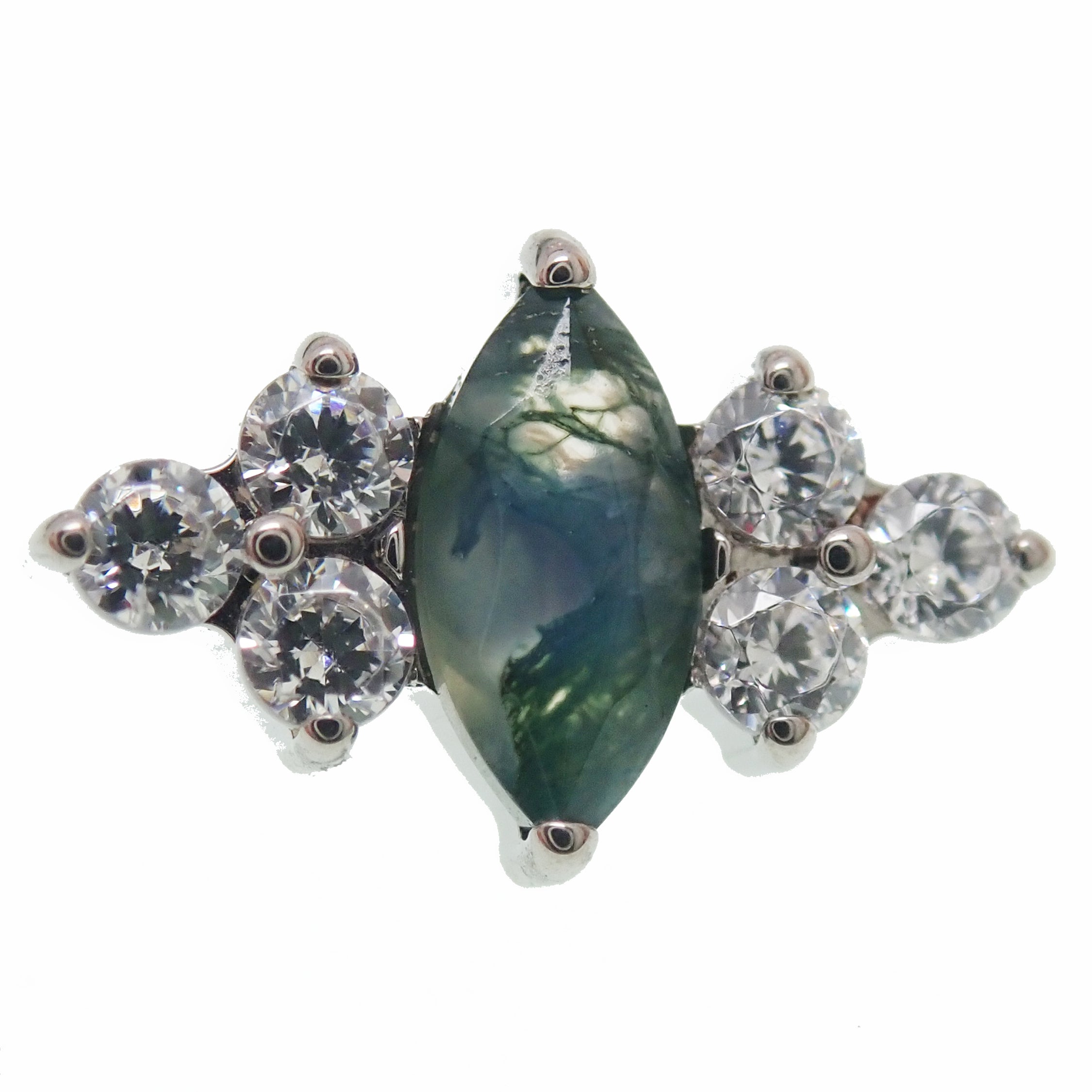 Moss agate and CZ implant titanium earrings, 18g, 16g, 14g, internally threaded flatback piercing for body jewelry.