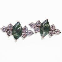 Body Clickers moss agate and CZ implant titanium earrings, 18g, 16g, 14g, internally threaded flatback piercing.