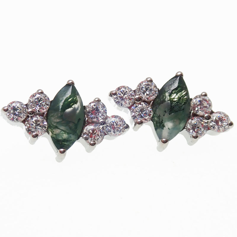 Body Clickers moss agate and CZ implant titanium earrings, 18g, 16g, 14g, internally threaded flatback piercing.